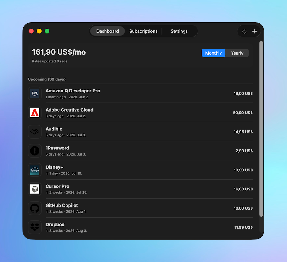 SubSub dashboard in dark mode