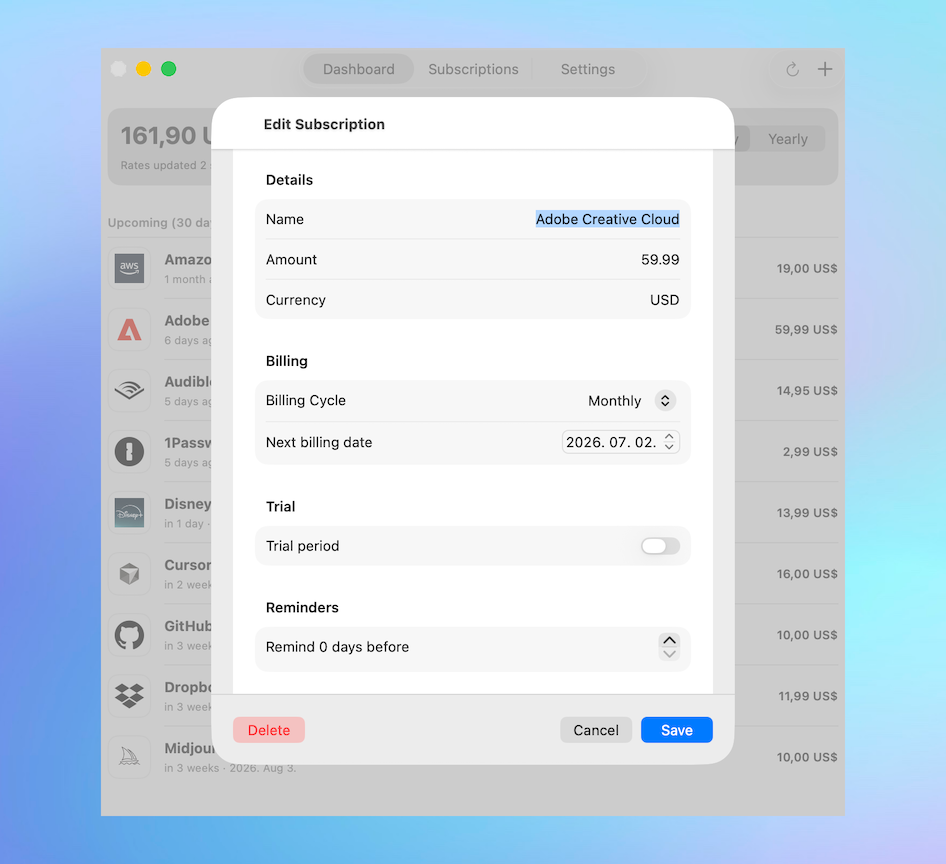 Editing a subscription in SubSub