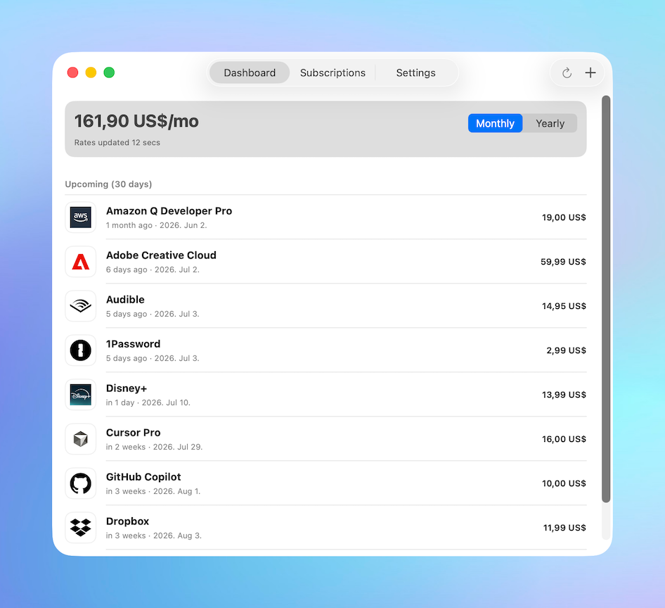 SubSub dashboard showing monthly spend and upcoming renewals